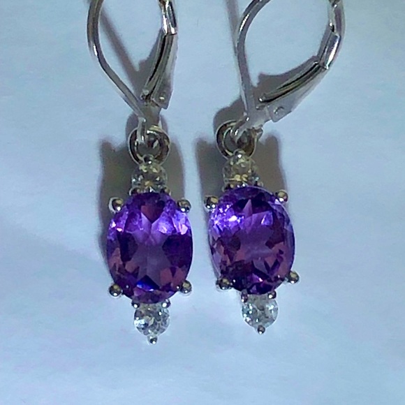 Large Genuine Amethyst Topaz Tear Drop Earrings .925K ss - Picture 3 of 6